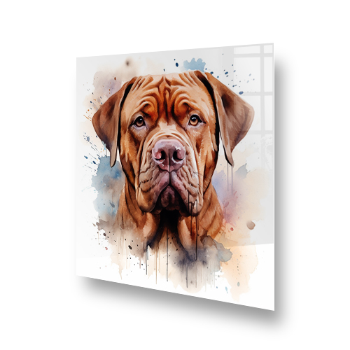 Illustrative Dogue de Bordeaux printed kitchen splashback art in warm brown and blue tones Side View