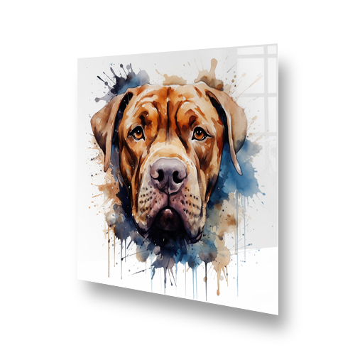 Artistic Dogue de Bordeaux printed kitchen splashback in amber and indigo colours Side View