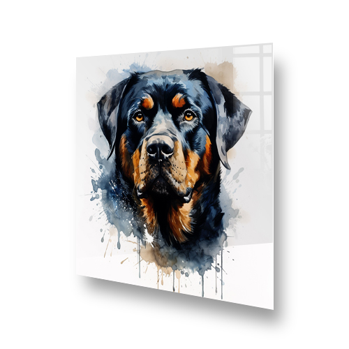 Artistic Rottweiler kitchen splashback with a vibrant watercolour painting of a Rottweiler against a light background Side View