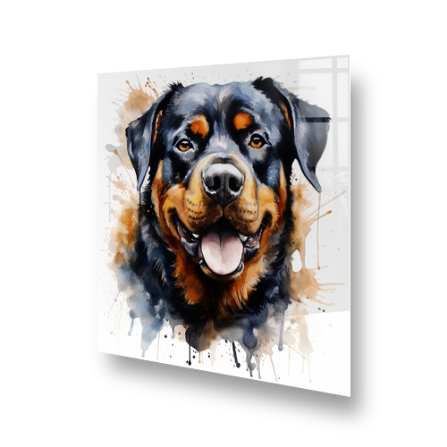 Artistic Rottweiler printed kitchen splashback featuring vibrant watercolour splashes in amber and sienna Side View