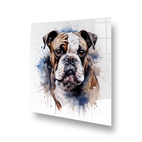 Watercolour painted Bulldog on printed kitchen splashback with blue and tan splatter accents Side View