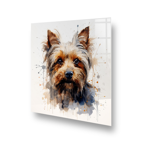 Artistic printed Yorkshire Terrier splashback in a kitchen, showcasing watercolour effects in tan, blue, and grey colours. Side View