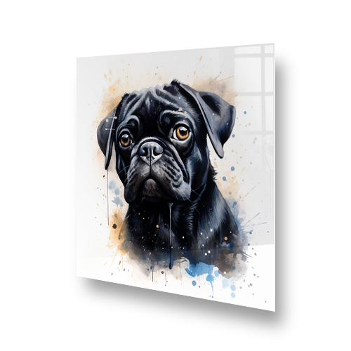 Artistic Pug breed printed kitchen splashback with abstract colour splashes Side View