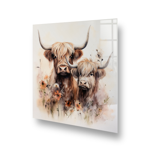 "Highland cow kitchen splashback art with warm colours and floral elements" Side View