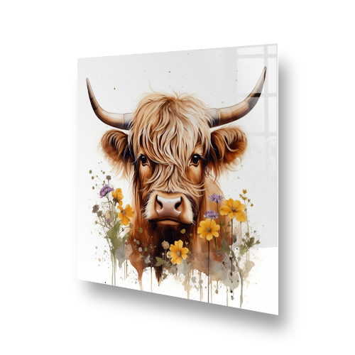 Highland cow and floral art on kitchen splashback over cooker. Side View