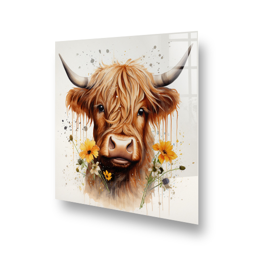 A detailed and captivating Highland cow art on a kitchen splashback, with brown tones and vivid yellow flowers, against a splattered white background. Side View