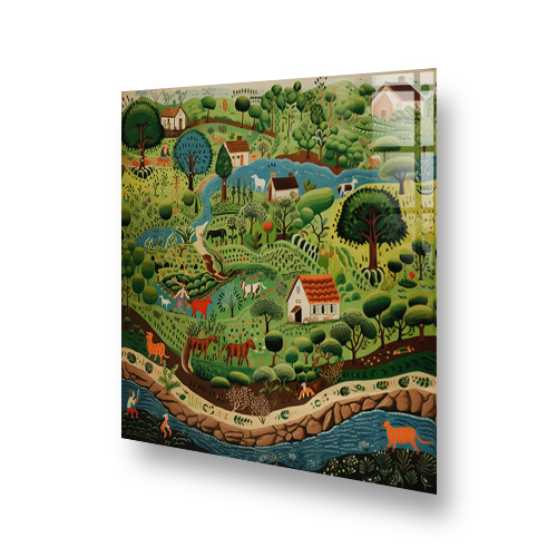 Folk Art style kitchen splashback featuring farm animals and rural landscape in vibrant colours Side View