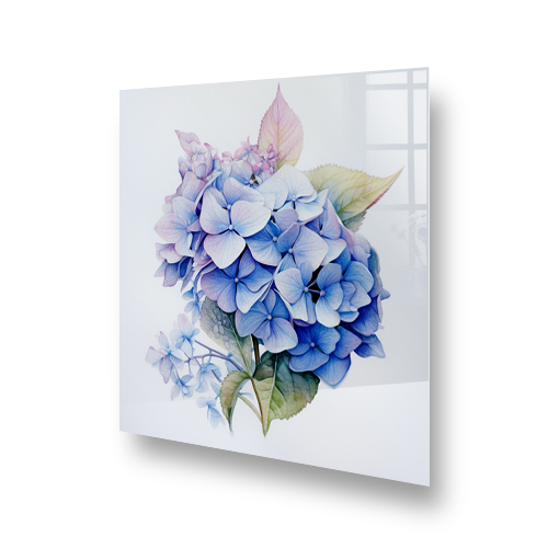 A watercolour of blue and pink Hydrangeas as kitchen splashback art. Side View