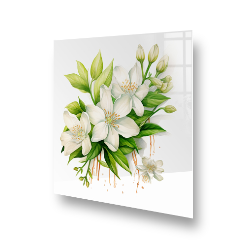 Watercolour painting of jasmine flowers in white and green on a kitchen splashback with warm tones. Side View