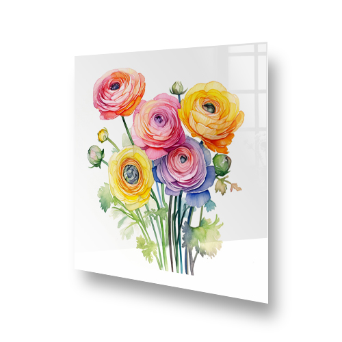 Watercolour painted Ranunculus flowers on kitchen splashback, with pink, orange, yellow, purple, and green colours. Side View