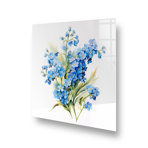 A kitchen splashback with a watercolour painting of blue Forget-me-not flowers against a white background. Side View