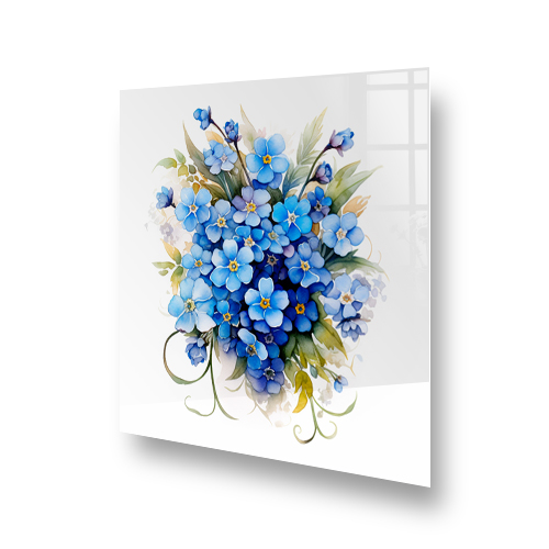 A kitchen splashback featuring watercolour painted Forget-me-not flowers in shades of blue and white. Side View