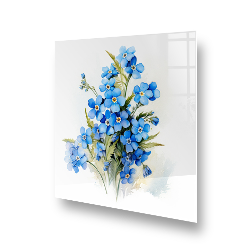 A kitchen splashback with a watercolour painting of blue Forget-me-not flowers against a soft background. Side View