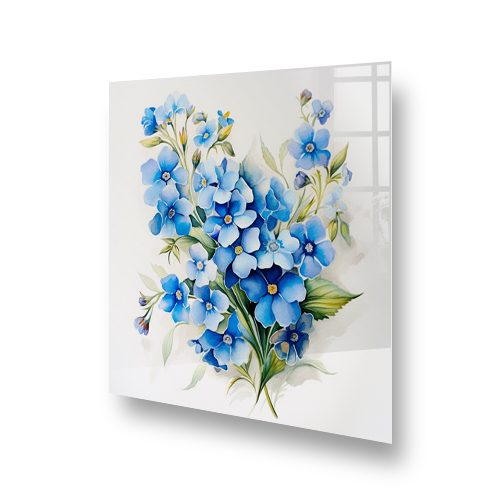 Kitchen splashback featuring watercolour forget-me-not flowers in shades of blue and green. Side View