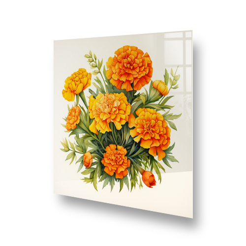 Watercolour marigolds with shades of orange and yellow on a kitchen splashback. Side View