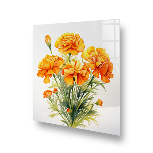 Vibrant orange and yellow marigolds in watercolour on a kitchen splashback. Side View