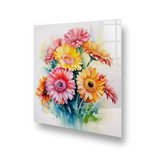 Watercolour painting of Gerbera Daisies on a kitchen splashback, featuring pink, yellow, and orange flowers. Side View