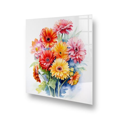 Watercolour painting of colourful Gerbera Daisies on a kitchen splashback, featuring orange, pink, and yellow flowers. Side View
