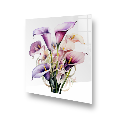 Watercolour painting of Calla Lilies in lavender, cream, and yellow on a kitchen splashback. Side View