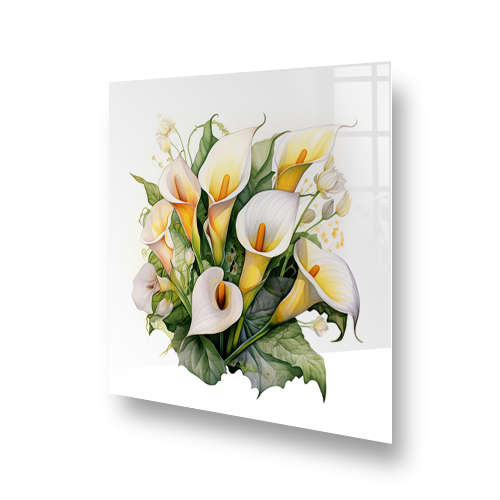 Watercolour painting of Calla Lilies in cream and yellow on kitchen splashback Side View