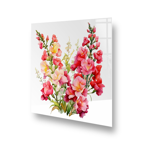 Watercolour Snapdragons in hues of pink, coral, and yellow on a kitchen splashback. Side View