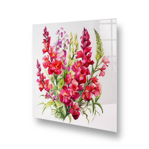 Kitchen splashback featuring watercolour snapdragons in pink, red, and green hues. Side View