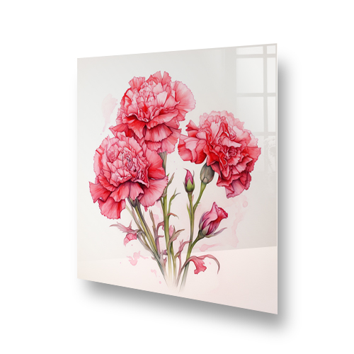 A watercolour painting of red and pink carnations on a kitchen splashback. Side View
