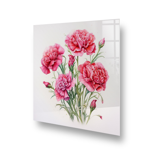 Watercolour painting of pink carnations with green leaves on kitchen splashback. Side View