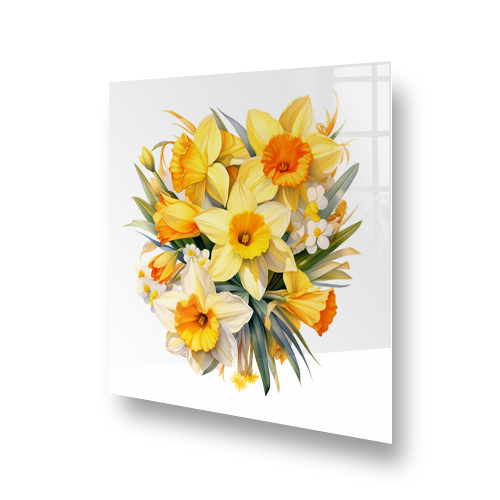 Watercolour painting of yellow and white Daffodils on a kitchen splashback. Side View