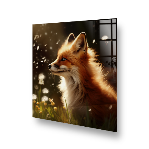 A kitchen splashback with a detailed image of a fox surrounded by dandelions, in hues of orange, brown, and green. Side View
