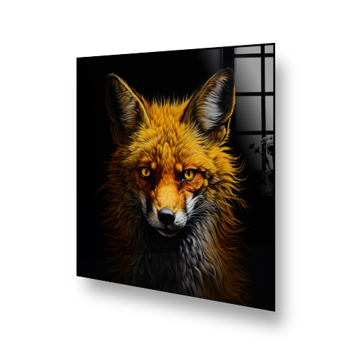 A kitchen splashback with a detailed image of a fox, showcasing orange, amber, and black colours. Side View