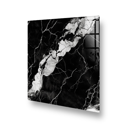 A detailed view of a printed marble kitchen splashback, showcasing black, white, and grey hues. Side View