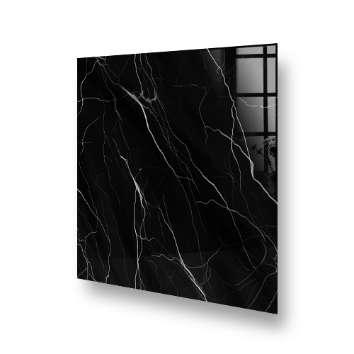A sleek marble kitchen splashback with black and white veins creating a striking contrast. Side View