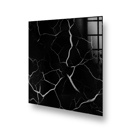 Black marble splashback with intricate white lightning-like veins. Side View