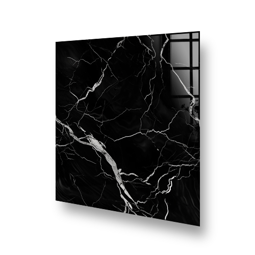 Monochrome marble splashback with distinctive white and grey lightning-like veins. Side View