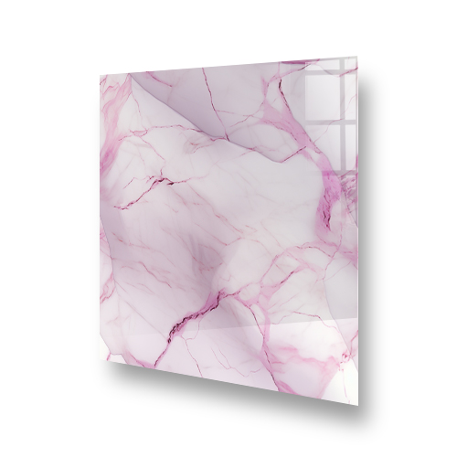 A marble kitchen splashback with white base and crimson-pink veins. Side View