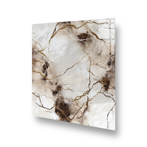 A marble splashback featuring creamy beige, rich brown, and prominent golden veins Side View