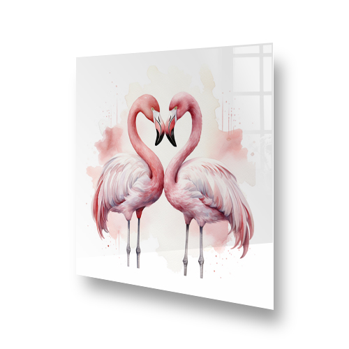 A pair of pink flamingos in a loving pose on a printed kitchen splashback above a stove, blending romance with functional art Side View