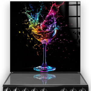 Colourful splash of wine in a glass against a dark background - kitchen splashback art