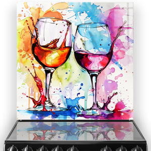 Colourful wine glass art on kitchen splashback with splashes of red, orange, blue, and black