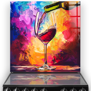 Abstract colourful kitchen splashback featuring a wine glass