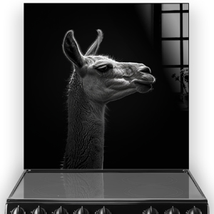 A serene alpaca profile in greyscale against a glossy black kitchen splashback, nicknamed Dynamite. thumbnail