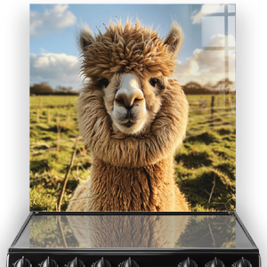 Chewpaca the alpaca printed splashback with vibrant green field and blue sky background thumbnail