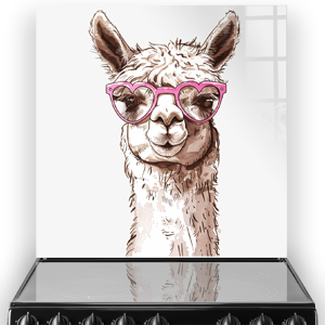 Whimsical alpaca named Candy with pink sunglasses on a kitchen splashback thumbnail