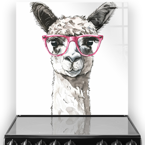 Stylish alpaca named Fitzgerald wearing pink glasses on grey and white kitchen splashback thumbnail