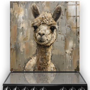 Close-up of Pebbles the Alpaca on a printed kitchen splashback featuring neutral shades of taupe and cream with hints of gold. thumbnail