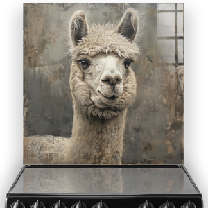 Dusty, an illustrated alpaca with beige fur against a textured grey and brown background, on a glass splashback above a stove. thumbnail