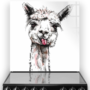Whimsical alpaca with a cheeky expression on a printed kitchen splashback, featuring soft pink and grey tones on a white background. thumbnail