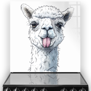 Kitchen splashback art featuring Cloud the Alpaca with tongue out, in shades of white, grey, and pink. thumbnail