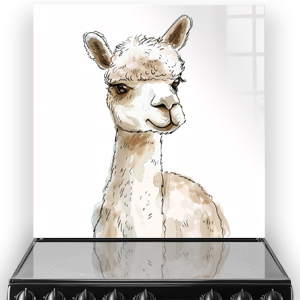 Illustration of Willow, a charming alpaca, on a kitchen splashback in gentle shades of cream and brown thumbnail